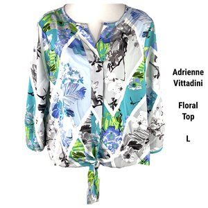 Adrienne Vittadini L Top Blouse Peasant Boho Floral Blue Button Tie Front